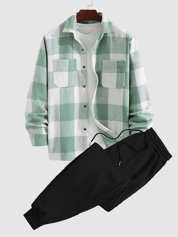 Men's classic plaid Wool Blend long-sleeved shirt and sweatpants two-piece set