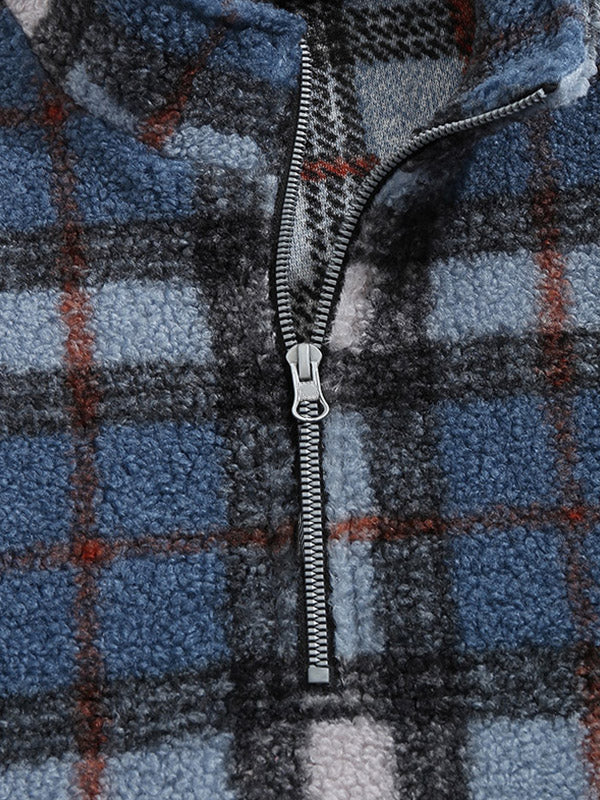 Men's vintage Polar Fleece plaid stand collar zipper sweatshirt jacket