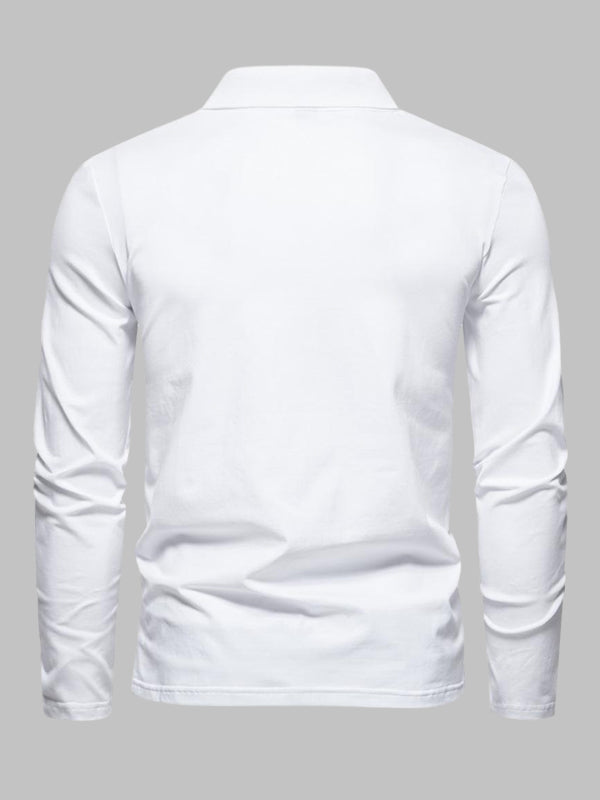 Men's Retro Solid Color V-Neck Lapel POLO Long Sleeve T-Shirt