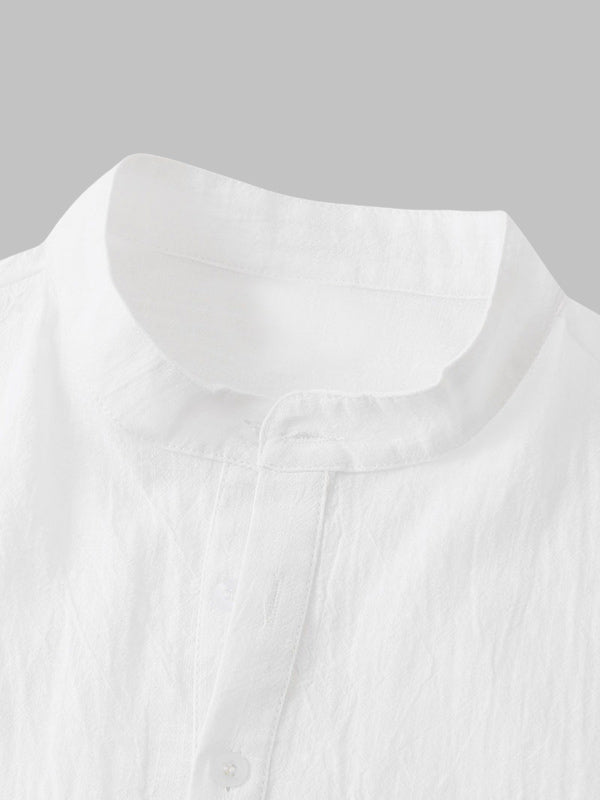 Men's Cotton Linen Textured Half Placket Short Sleeve Shirt white