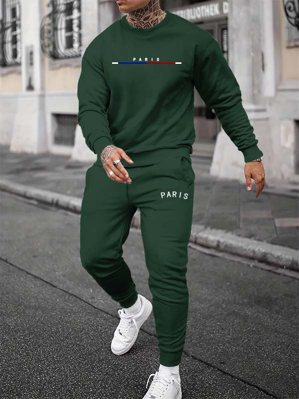 Men's "PARIS" letter print casual sports suit green