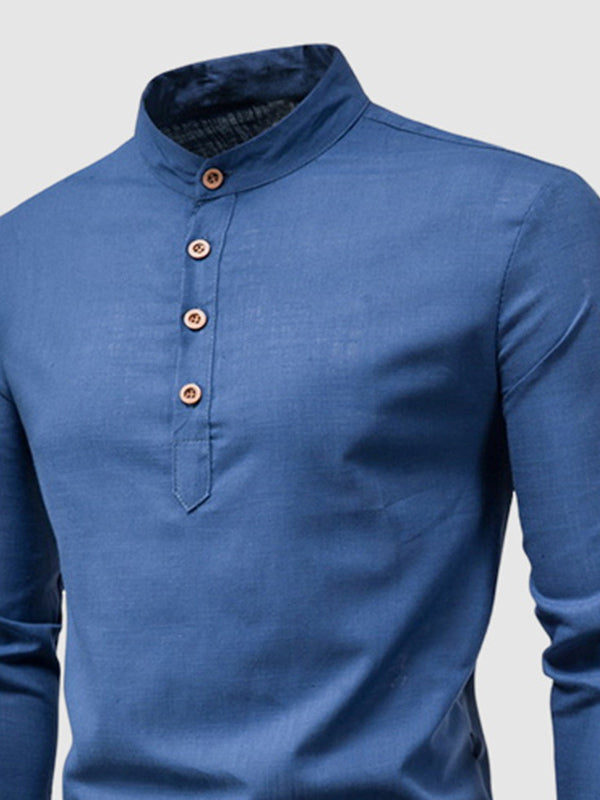 Men's Solid Color Cotton Linen Stand Collar Shirt