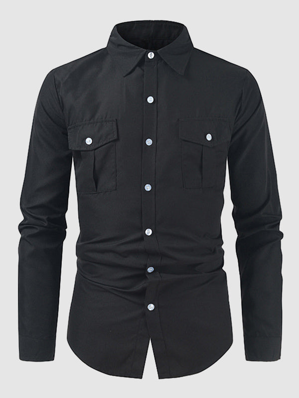 Men's Cargo Pocket Lapel Casual Loose Long Sleeve Shirt