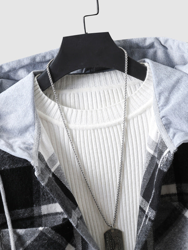 Men's Plaid Brushed Cardigan Drawstring Hooded Jacket