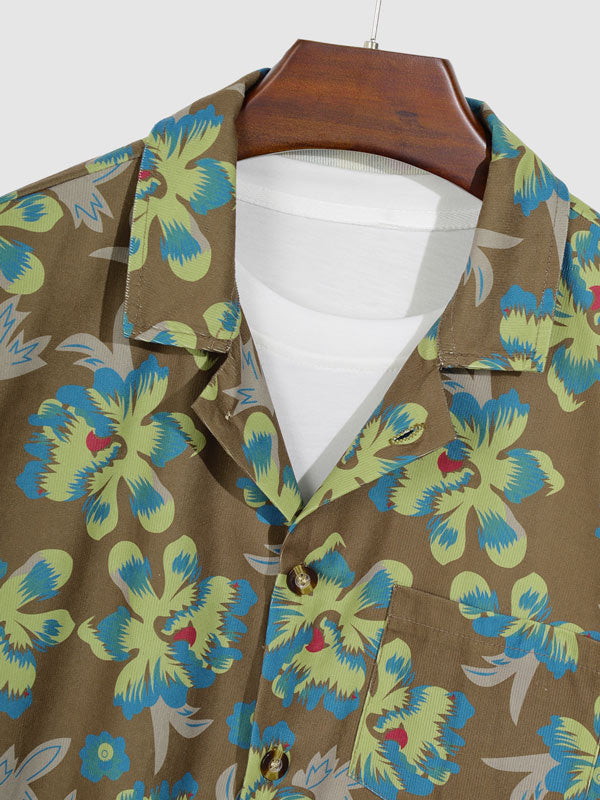 Men's Corduroy Print Floral Button Long Sleeve Shirt