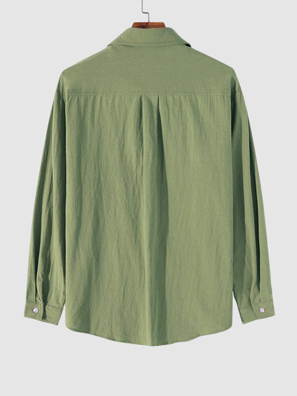 MEN'S COTTON AND LINEN TEXTURED LONG SLEEVES SHIRT GREEN