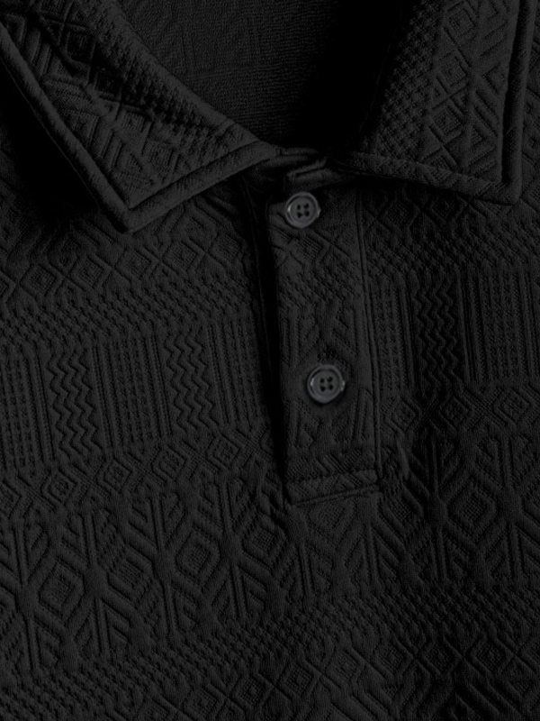 Geometric Vintage Jacquard Lapel Short-Sleeved Polo-Black