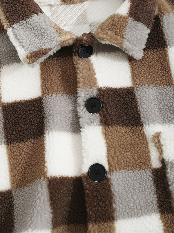 Men's Classic Plaid  Fluffy Faux Fur Single Pocket Button Lapel Jacket