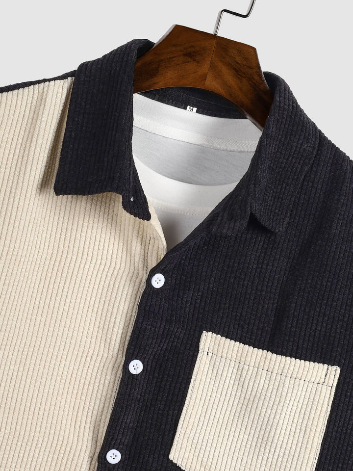 Men's corduroy color-blocked casual short-sleeved shirt