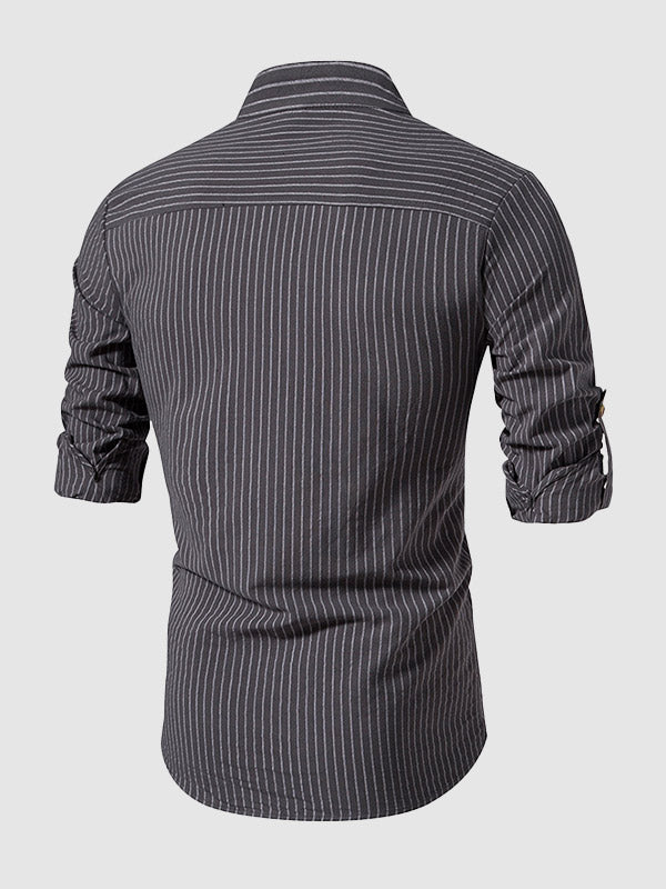 Men's cotton-linen stand collar half button striped casual long sleeve shirt