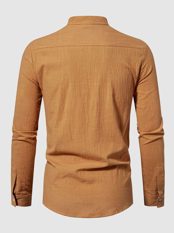 Men's cotton-linen stand collar casual long-sleeved shirt