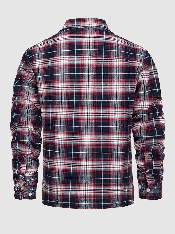 Men's Plaid Fleece-lined  Warm Double Pocket Button Jacket