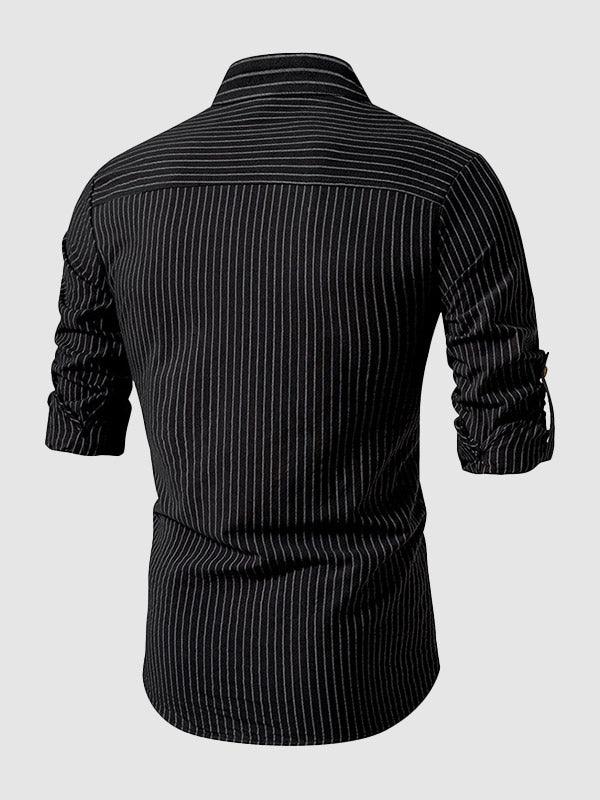 Men's cotton-linen stand collar half button striped casual long sleeve shirt