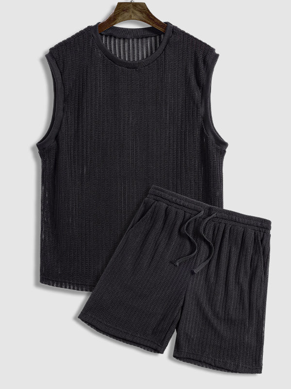 Men's sleeveless hollow textured knitted solid color casual set