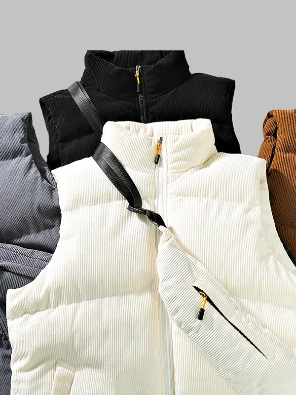 Men's winter corduroy solid color stand collar zipper fly down puffer vest with bag