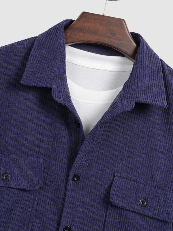 Men's Solid Color Corduroy Double Pocket Short Sleeve Shirt