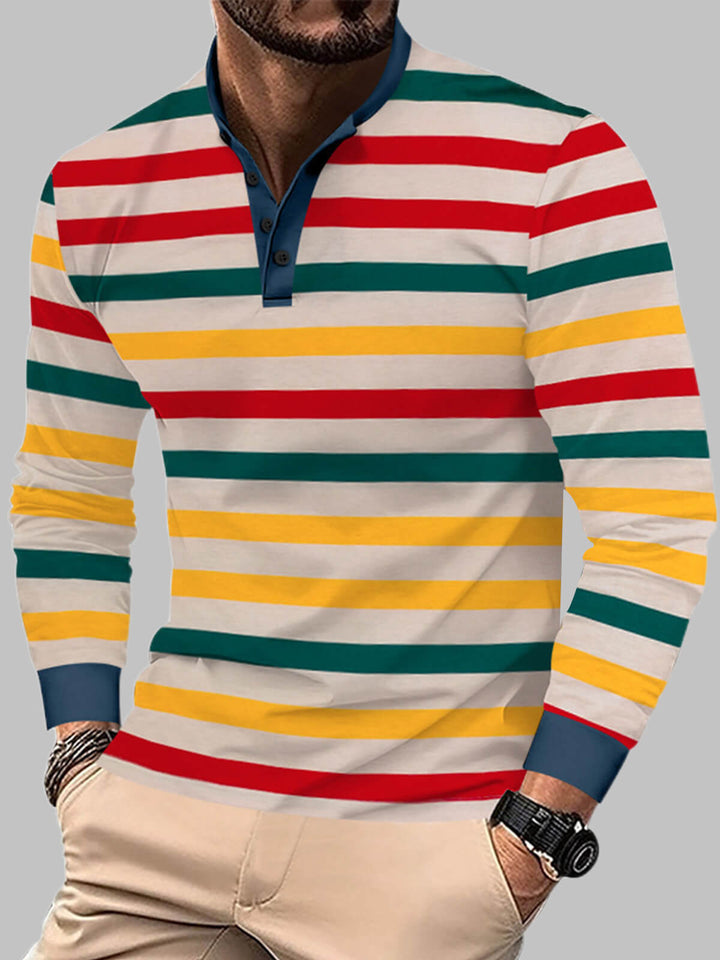 Men's colorful striped casual round neck loose henley long sleeve polo