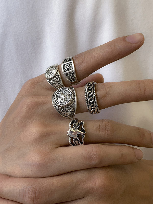 Vintage Embossed Decorative Metal Rings 5Pcs /set