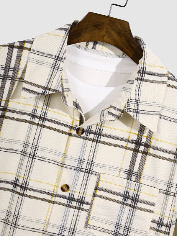 Men's Corduroy Plaid Pocket Button-Down Long Sleeve Shirt