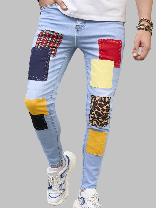 Men's patchwork contrast color versatile zipper jeans