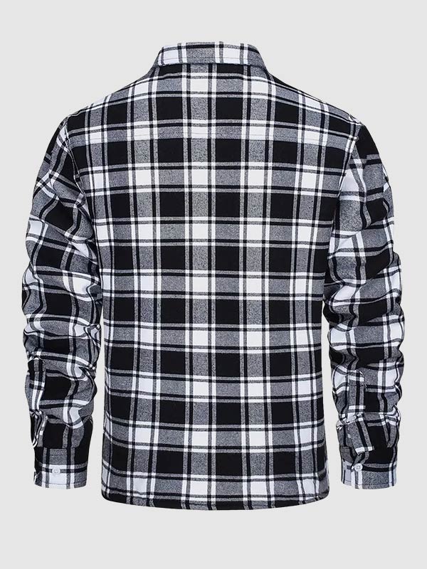 Men's Plaid Fleece-lined  Warm Double Pocket Button Jacket