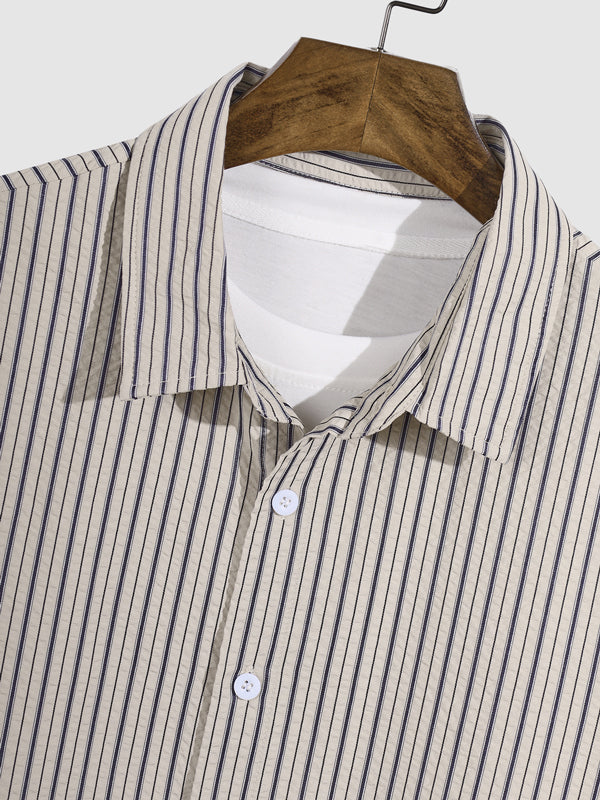 Men's pleated textured striped button casual long-sleeved shirt