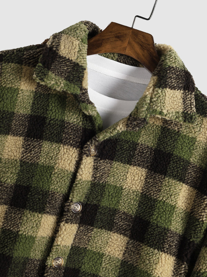 Men's Classic Plaid Fluffy Faux Fur Shirt Casual Button Cardigan Jacket