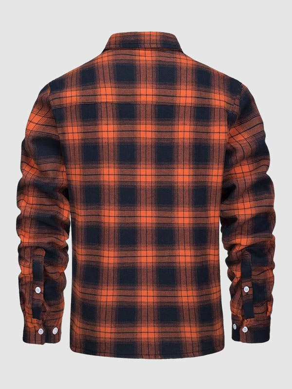 Men's Plaid Fleece-lined  Warm Double Pocket Button Jacket