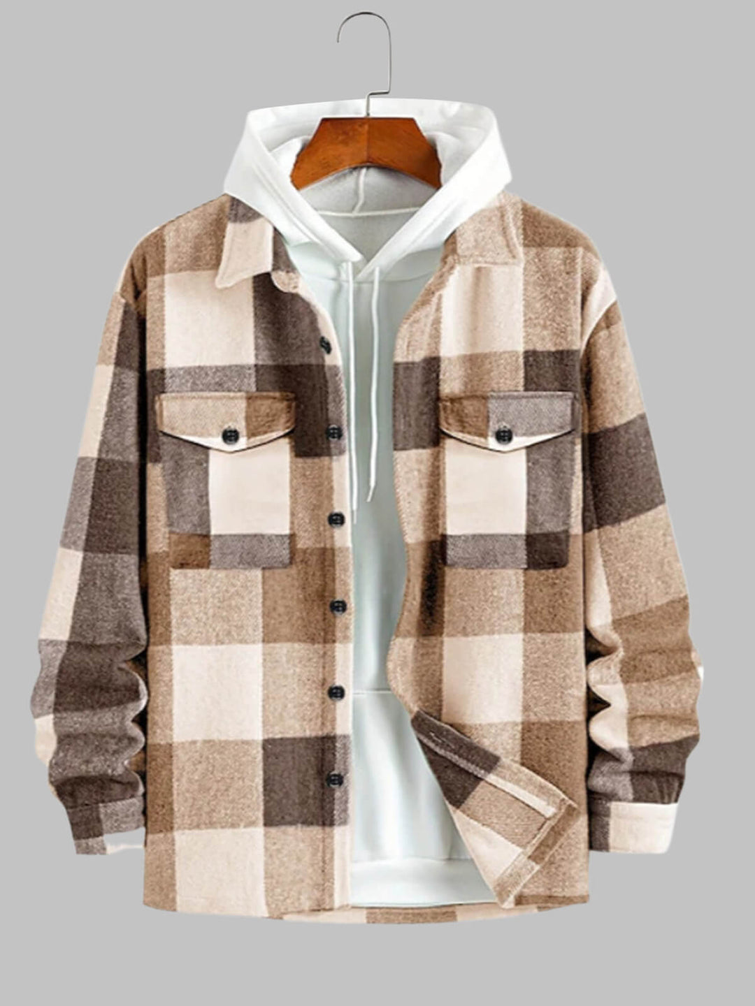 Men's Woolen Plaid Double-Pocket Button Jacket