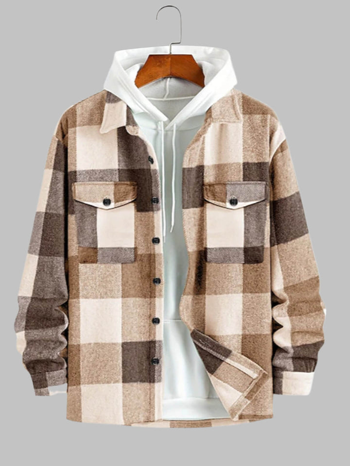 Men's Woolen Plaid Double-Pocket Button Jacket