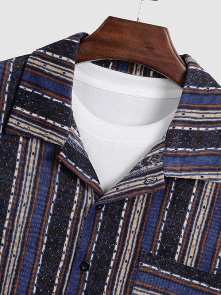 Men's Corduroy Vintage Striped Print Casual Long Sleeve Shirt