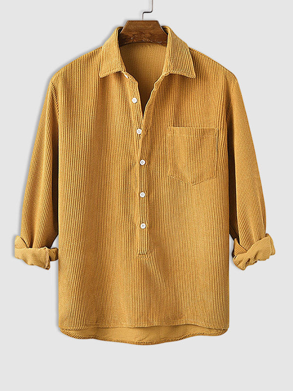 Men's Half Button Corduroy Long Sleeve Shirt-Light yellow