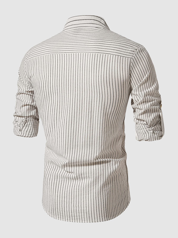 Men's cotton-linen stand collar half button striped casual long sleeve shirt