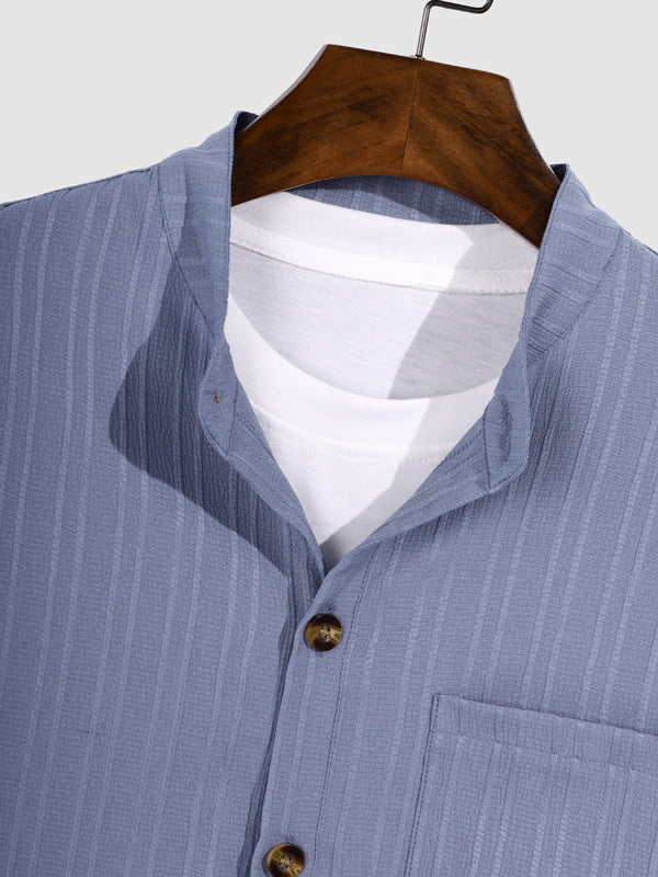 Men's solid color textured striped stand collar long sleeve shirt