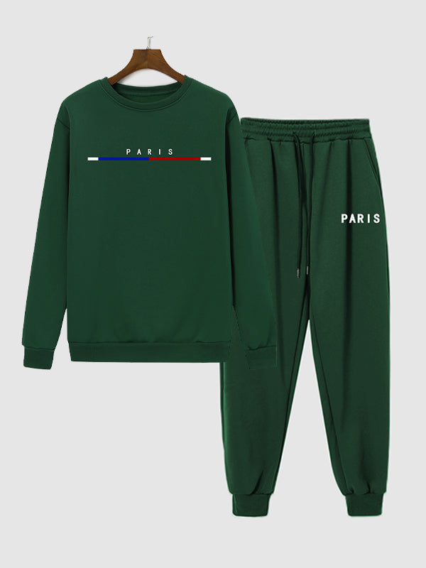 Men's "PARIS" letter print casual sports suit green