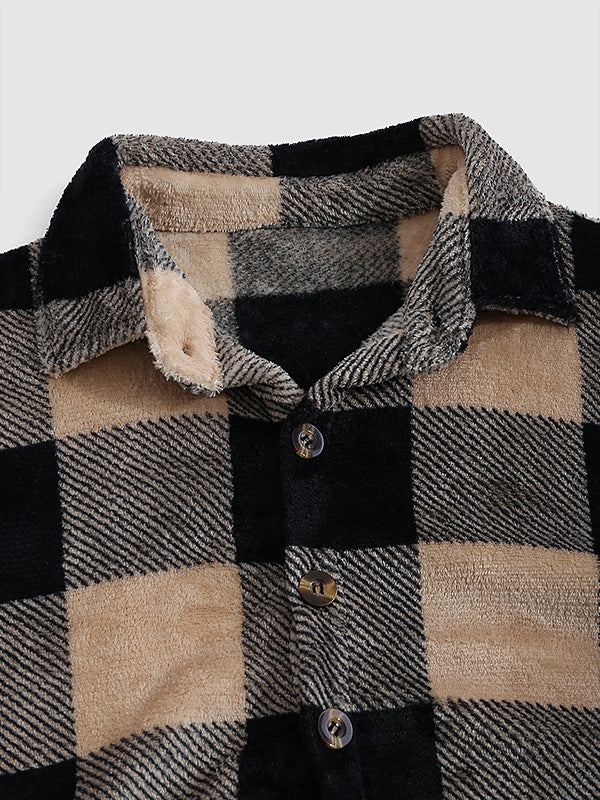 Men's vintage plaid flannel lapel button-down shirt jacket