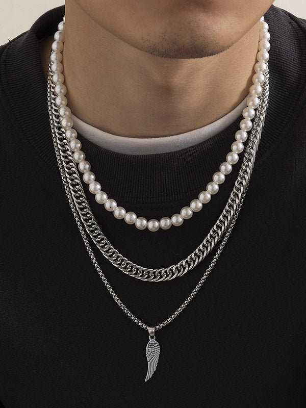 Men's Multi-Layered Pearl Feather Pendant Necklace