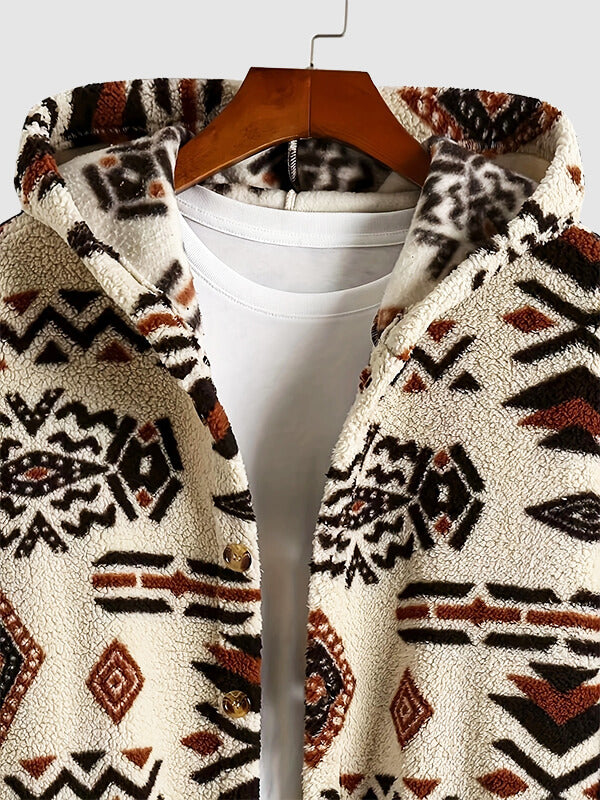 Men's Vintage Aztec Pattern Hooded Button Down Jacket