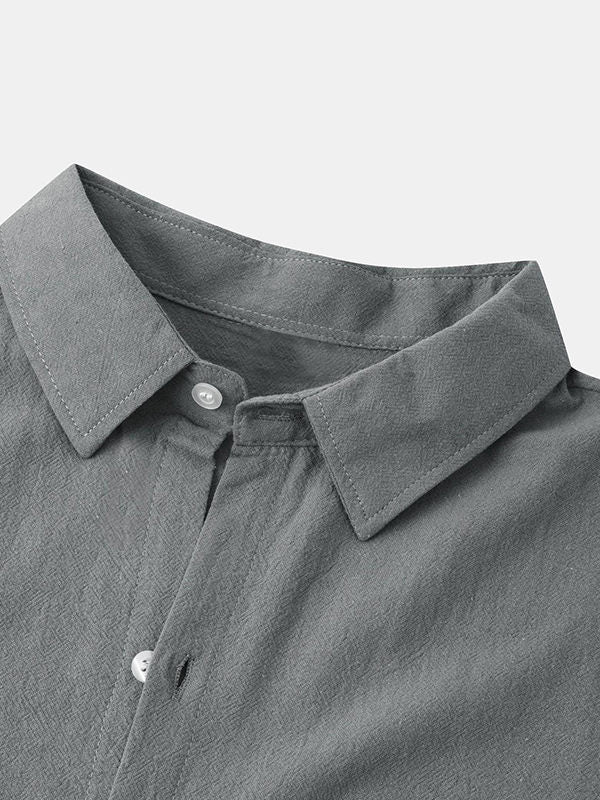 Men's Cotton Linen Double Pocket Long Sleeve Lapel Shirt