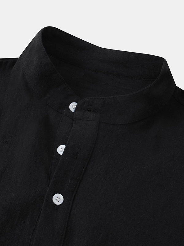 Men's Cotton Linen Textured Half Placket Short Sleeve Shirt black