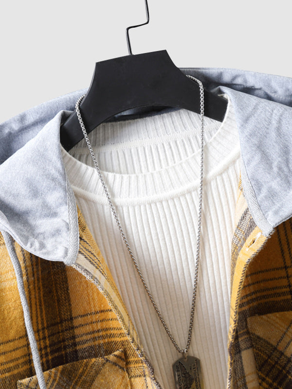 Men's Plaid Brushed Cardigan Drawstring Hooded Jacket