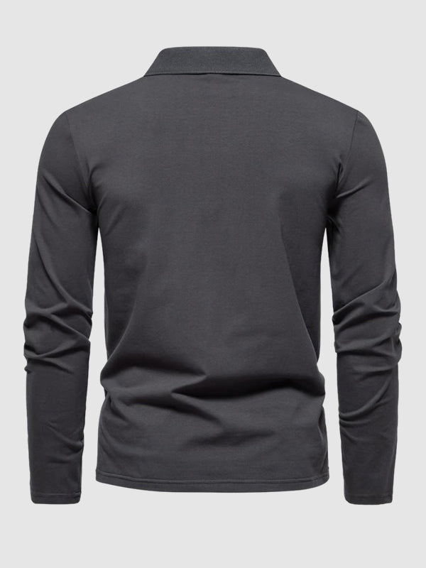 Men's Retro Solid Color V-Neck Lapel POLO Long Sleeve T-Shirt