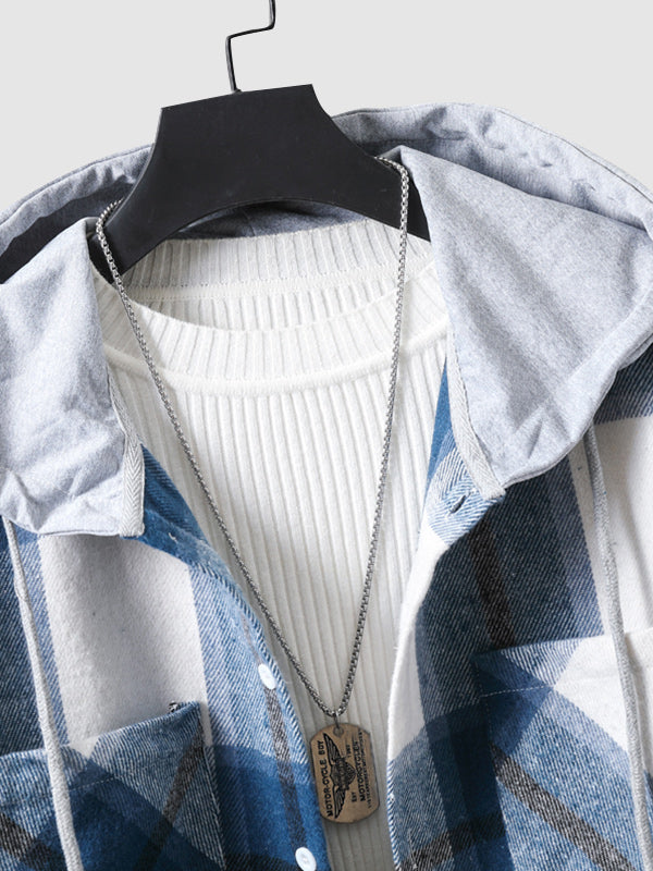 Men's Plaid Brushed Cardigan Drawstring Hooded Jacket