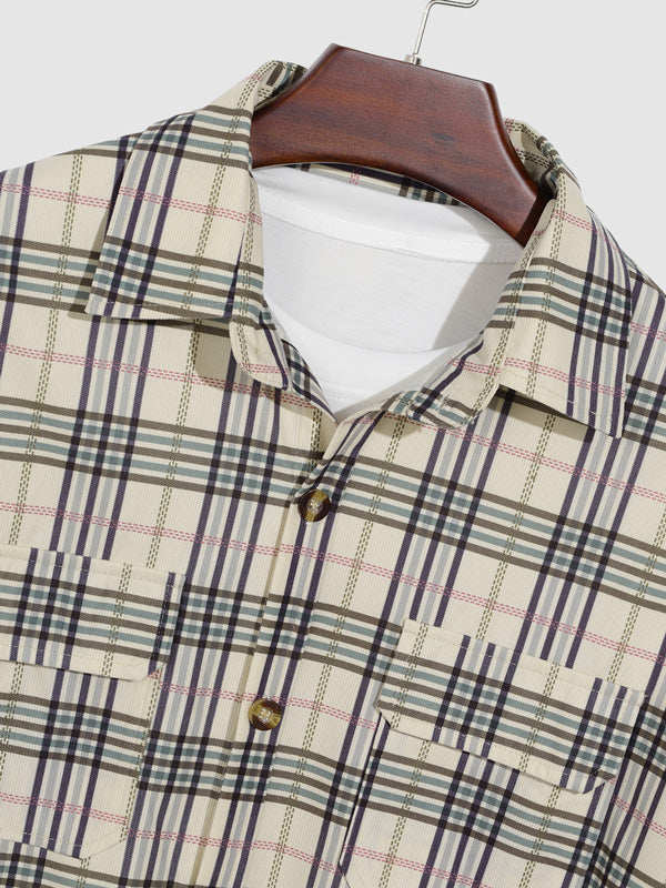 Men's corduroy textured plaid long-sleeve button-down shirt