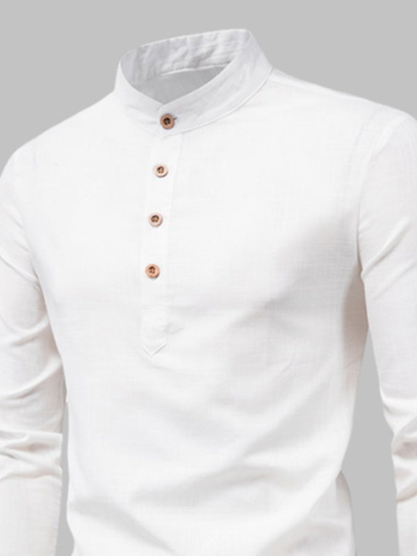 Men's Solid Color Cotton Linen Stand Collar Shirt