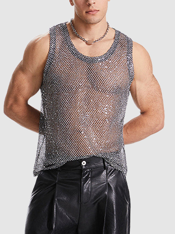 Men's hollow sexy sequined woven mesh sleeveless vest