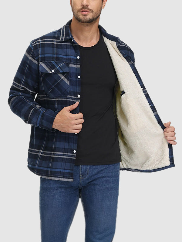 Men's Plaid Fleece-lined  Warm Double Pocket Button Jacket