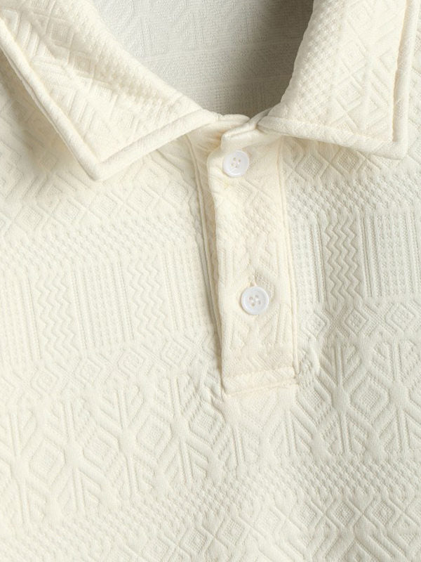 Geometric Vintage Jacquard Lapel Short-Sleeved Polo-Beige