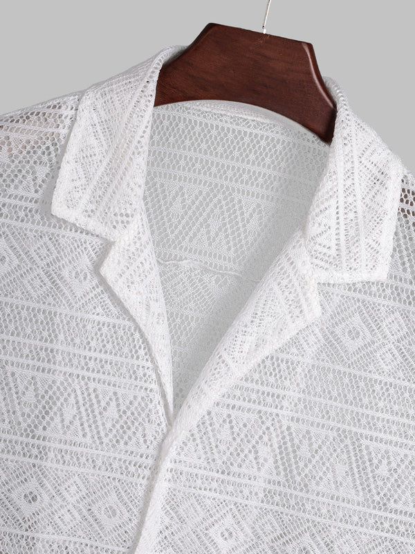 Men's Solid Color Vintage Hollow Cuban Collar crochet  Short Sleeve Shirt