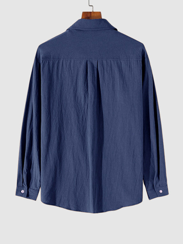 MEN'S COTTON AND LINEN TEXTURED LONG SLEEVES SHIRT BLUE